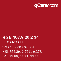 カラーコード: RGB 167.9 20.2 34 | qconv.com