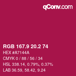カラーコード: RGB 167.9 20.2 74 | qconv.com
