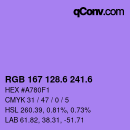 カラーコード: RGB 167 128.6 241.6 | qconv.com