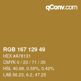 Color code: RGB 167 129 49 | qconv.com