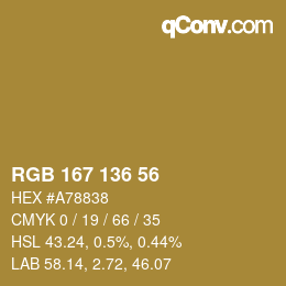 Color code: RGB 167 136 56 | qconv.com