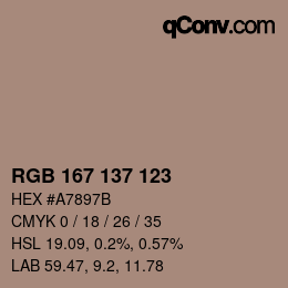 Color code: RGB 167 137 123 | qconv.com