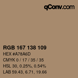 Color code: RGB 167 138 109 | qconv.com