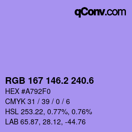 カラーコード: RGB 167 146.2 240.6 | qconv.com