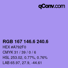 カラーコード: RGB 167 146.6 240.6 | qconv.com