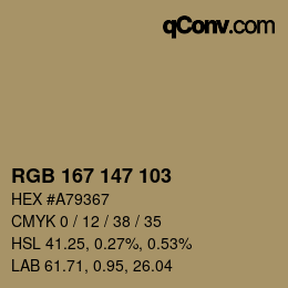 Color code: RGB 167 147 103 | qconv.com
