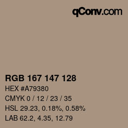 Color code: RGB 167 147 128 | qconv.com