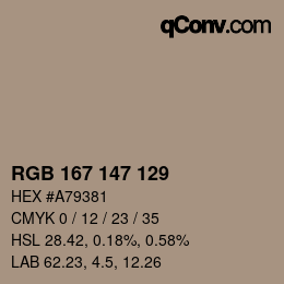 Color code: RGB 167 147 129 | qconv.com