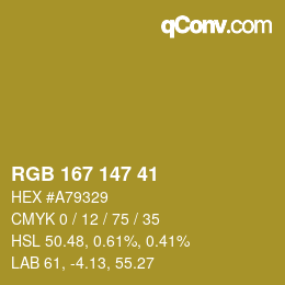 Color code: RGB 167 147 41 | qconv.com
