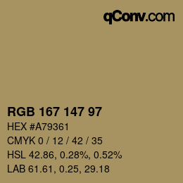 Color code: RGB 167 147 97 | qconv.com