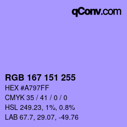 Color code: RGB 167 151 255 | qconv.com