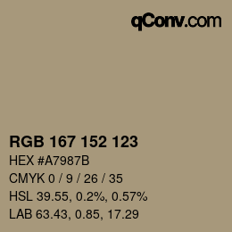 Color code: RGB 167 152 123 | qconv.com