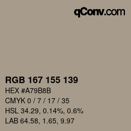 カラーコード: RGB 167 155 139 | qconv.com