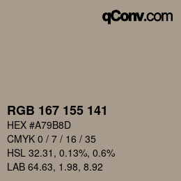 カラーコード: RGB 167 155 141 | qconv.com