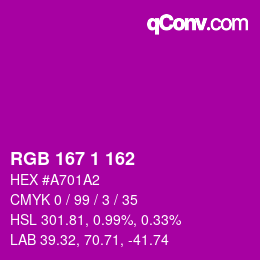 Color code: RGB 167 1 162 | qconv.com