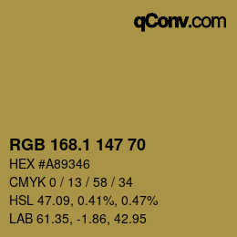 カラーコード: RGB 168.1 147 70 | qconv.com