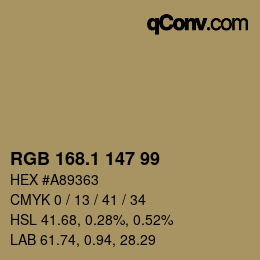 カラーコード: RGB 168.1 147 99 | qconv.com