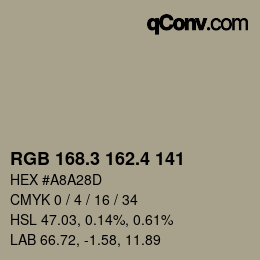 カラーコード: RGB 168.3 162.4 141 | qconv.com