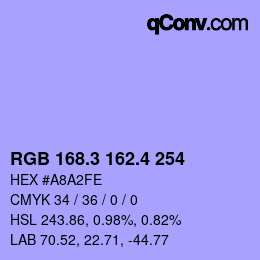 カラーコード: RGB 168.3 162.4 254 | qconv.com