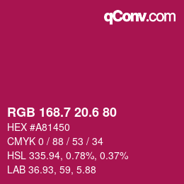 カラーコード: RGB 168.7 20.6 80 | qconv.com