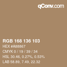 Color code: RGB 168 136 103 | qconv.com