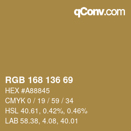Color code: RGB 168 136 69 | qconv.com