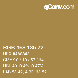 Color code: RGB 168 136 72 | qconv.com