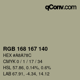 颜色代码: RGB 168 167 140 | qconv.com