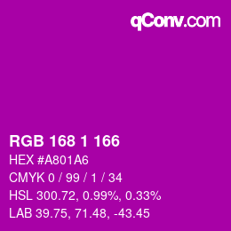 カラーコード: RGB 168 1 166 | qconv.com