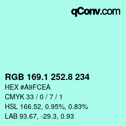 Color code: RGB 169.1 252.8 234 | qconv.com