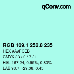 Color code: RGB 169.1 252.8 235 | qconv.com
