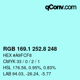 Color code: RGB 169.1 252.8 248 | qconv.com