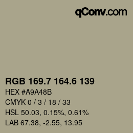 カラーコード: RGB 169.7 164.6 139 | qconv.com