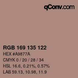 Color code: RGB 169 135 122 | qconv.com