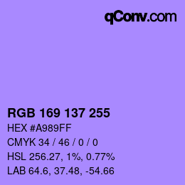 Color code: RGB 169 137 255 | qconv.com