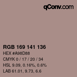 カラーコード: RGB 169 141 136 | qconv.com