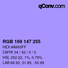 Color code: RGB 169 147 255 | qconv.com