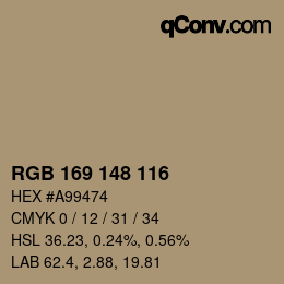 Color code: RGB 169 148 116 | qconv.com