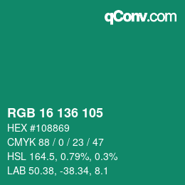 カラーコード: RGB 16 136 105 | qconv.com