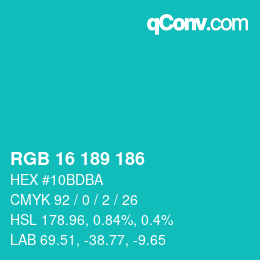Color code: RGB 16 189 186 | qconv.com
