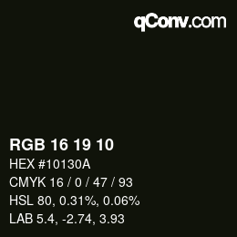 Color code: RGB 16 19 10 | qconv.com