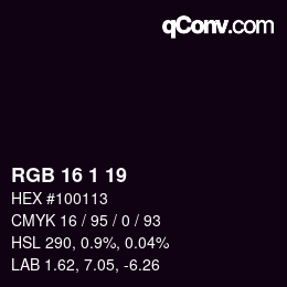 Color code: RGB 16 1 19 | qconv.com
