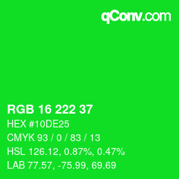 Color code: RGB 16 222 37 | qconv.com