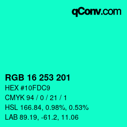 Color code: RGB 16 253 201 | qconv.com
