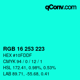 Color code: RGB 16 253 223 | qconv.com