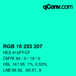 Color code: RGB 16 255 207 | qconv.com