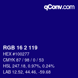 カラーコード: RGB 16 2 119 | qconv.com
