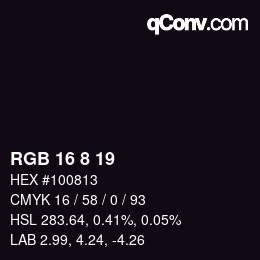 カラーコード: RGB 16 8 19 | qconv.com