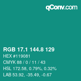 カラーコード: RGB 17.1 144.8 129 | qconv.com
