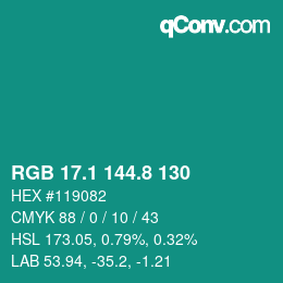 カラーコード: RGB 17.1 144.8 130 | qconv.com